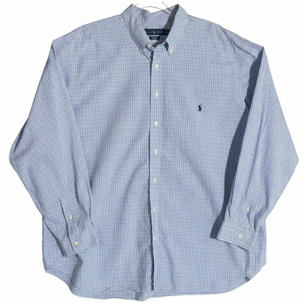Polo Ralph Lauren Button Down Shirt Mens XXL Blue White Plaid Long Sleeve Cotton